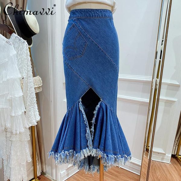 skirts spring 2021 solid color long split trumpet denim skirt women's irregular ruffled rough hem hip package lady fashion, Black
skirts spring 2021 solid color long split trumpet denim skirt women's irregular ruffled rough hem hip package lady fashion, Black
