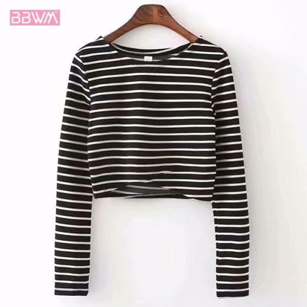 women's t-shirt long sleeve round neck temperament striped slim thin navel short female chic, White
women's t-shirt long sleeve round neck temperament striped slim thin navel short female chic, White