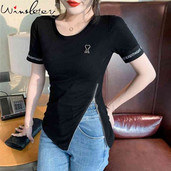 women's t-shirt summer european style cotton girl fashion irregularity zipper women short sleeve patchwork tees t14310a, White
women's t-shirt summer european style cotton girl fashion irregularity zipper women short sleeve patchwork tees t14310a, White