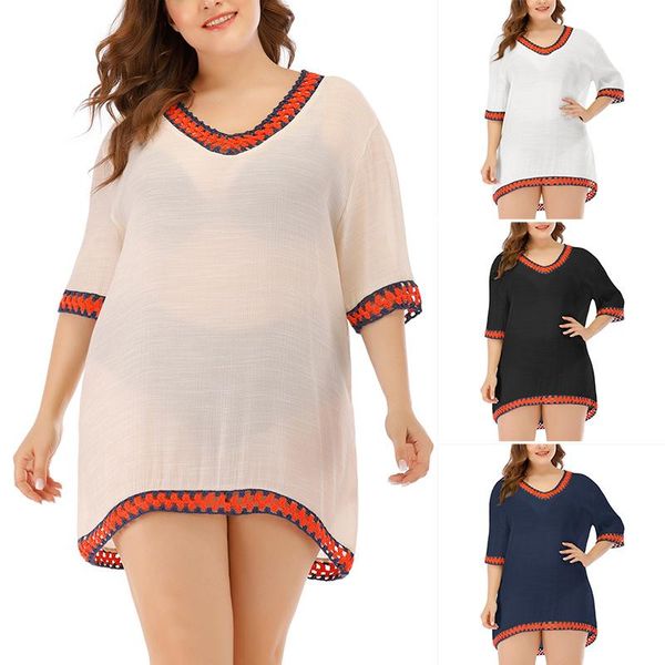women beachwear v-neck short sleeve beach dress cover up women's swimwear, White;black
women beachwear v-neck short sleeve beach dress cover up women's swimwear, White;black