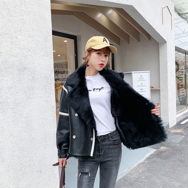 women's leather & faux natural wool fur lining outside genuine sheepskin long sleeves short moto biker style jacket, Black
women's leather & faux natural wool fur lining outside genuine sheepskin long sleeves short moto biker style jacket, Black