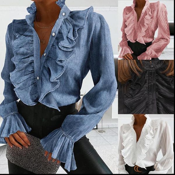 women shirt elegant ruffles v neck buttons retro denim blue long sleeve blouse office lady spring casual slim, White
women shirt elegant ruffles v neck buttons retro denim blue long sleeve blouse office lady spring casual slim, White