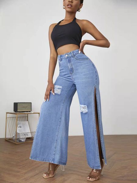 denimcolab fashion high split wide leg pants europe and america women casual loose hole jeans ladies streetwear ripped jean trousers denim p, Blue
denimcolab fashion high split wide leg pants europe and america women casual loose hole jeans ladies streetwear ripped jean trousers denim p, Blue