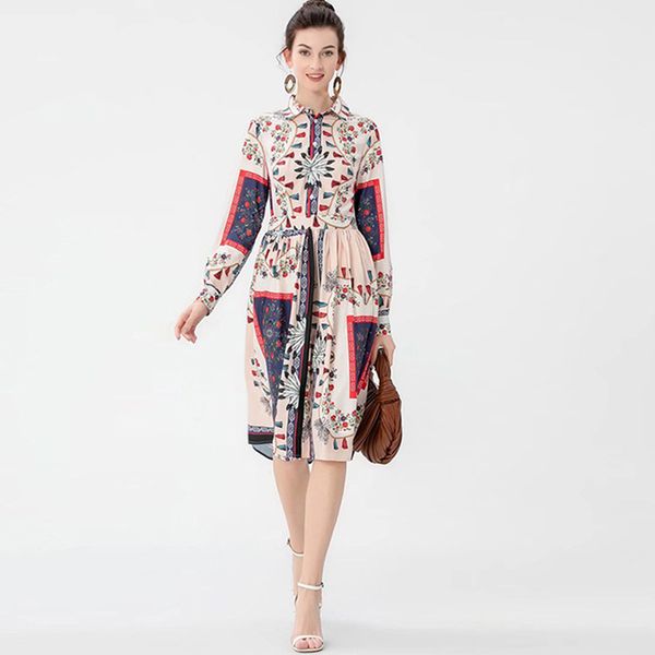 women's runway dress turn down collar long sleeves printed single breasted ruched fashion high street casual dresses vestidos, Black
women's runway dress turn down collar long sleeves printed single breasted ruched fashion high street casual dresses vestidos, Black