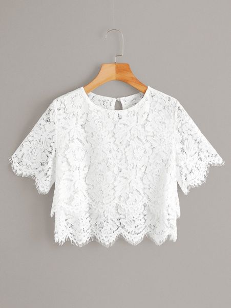 lace scallop hem sheer crop blouse k1hm#, White 
lace scallop hem sheer crop blouse k1hm#, White