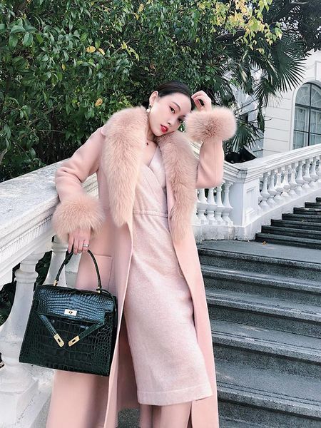 women's wool & blends rf2046 arrival pink hand sewed woman's coat real fur collar cuffs natural double faced woolen for ladies, Black
women's wool & blends rf2046 arrival pink hand sewed woman's coat real fur collar cuffs natural double faced woolen for ladies, Black