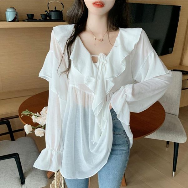 women's blouses & shirts #1990 white beige long blouse for women v neck ruffles femme loose asymmetrical chiffon female transparent
women's blouses & shirts #1990 white beige long blouse for women v neck ruffles femme loose asymmetrical chiffon female transparent