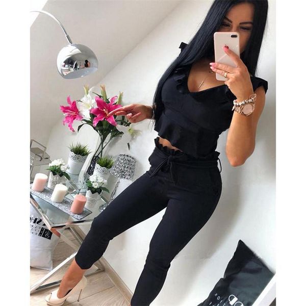 women's tracksuits summer tracksuit two piece set solid v-neck sleeveless ruffles pullover crop and pants suit clothes woman chandal mu, Gray
women's tracksuits summer tracksuit two piece set solid v-neck sleeveless ruffles pullover crop and pants suit clothes woman chandal mu, Gray