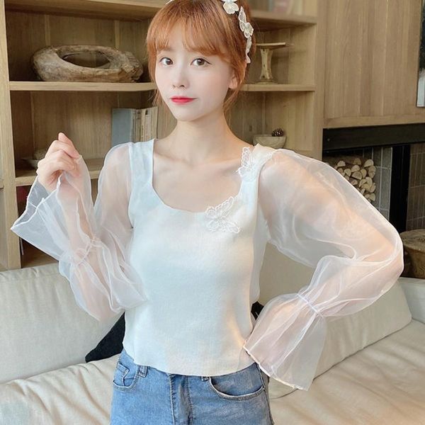 women's t-shirt women solid mesh stitching puff sleeve t shirt casual sweet square collar with butterfly applique, White
women's t-shirt women solid mesh stitching puff sleeve t shirt casual sweet square collar with butterfly applique, White