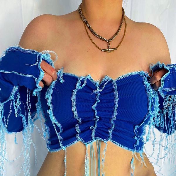 women's short wrap-chested solid color reverse line design, long-sleeved off-the-shoulder cropped female street wear t-shirt, White
women's short wrap-chested solid color reverse line design, long-sleeved off-the-shoulder cropped female street wear t-shirt, White
