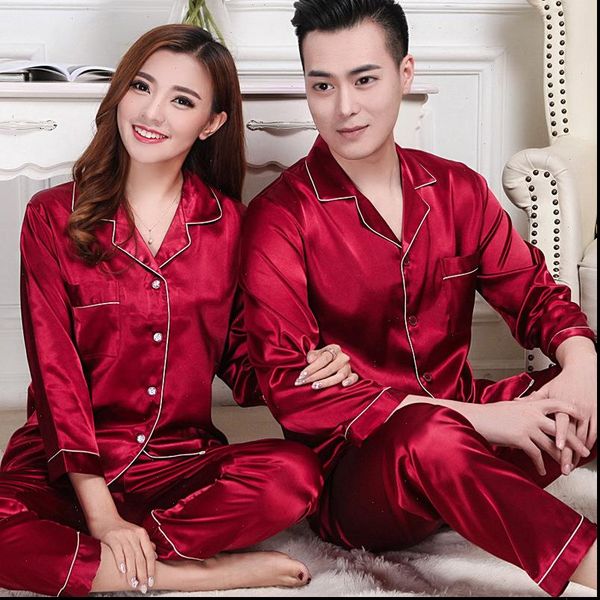 couple pajamas spring and autumn womens sleepwears silk mens long sleeved suit, Black;red
couple pajamas spring and autumn womens sleepwears silk mens long sleeved suit, Black;red