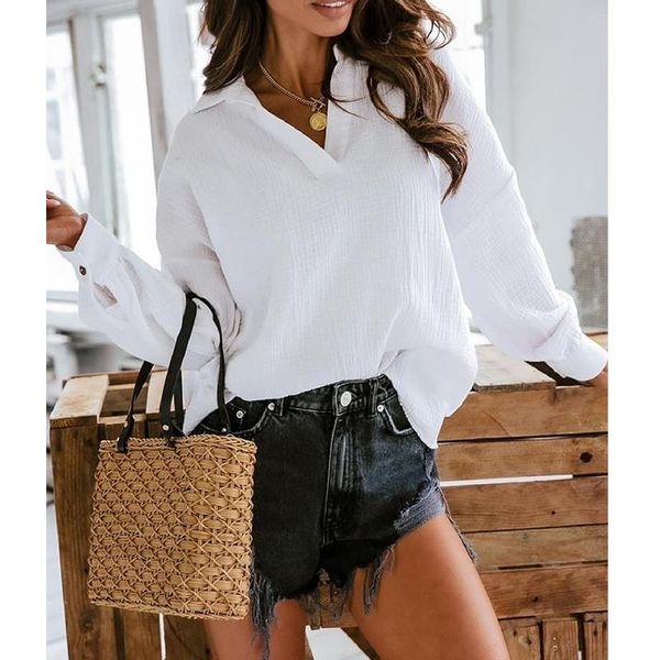 women's blouses & shirts women autumn solid color loose long lantern sleeve lapel elegant office ladies stylish femme, White
women's blouses & shirts women autumn solid color loose long lantern sleeve lapel elegant office ladies stylish femme, White