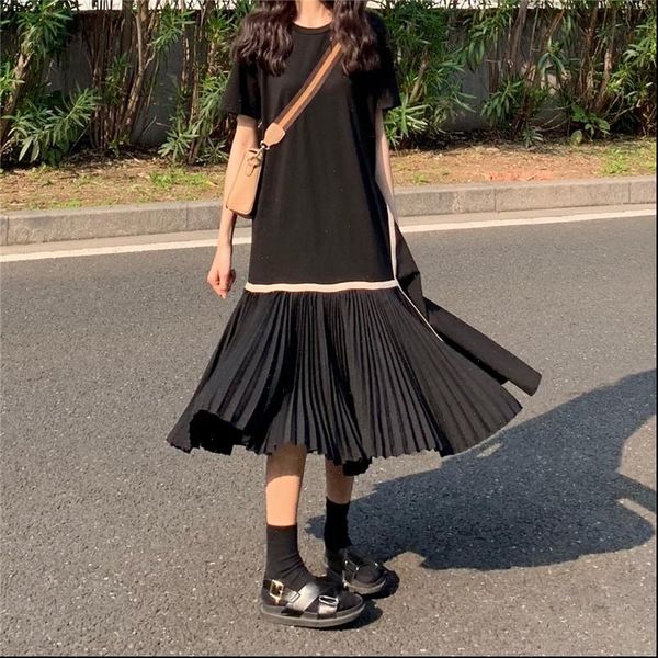 korean summer retro loose womens dresses short sleeve color collision stitching fake two irregular pleated, Black;gray
korean summer retro loose womens dresses short sleeve color collision stitching fake two irregular pleated, Black;gray