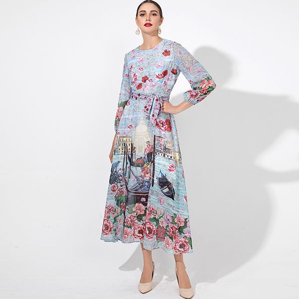 women's runway dress o neck long sleeves floral printed lace up belt fashion high street casual designer dresses, Black
women's runway dress o neck long sleeves floral printed lace up belt fashion high street casual designer dresses, Black