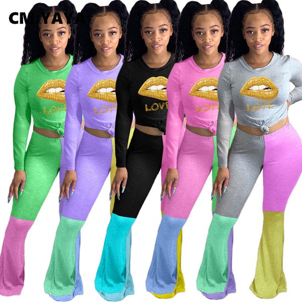 activewear classic womens set long sleeve lips patchwork flare pants set trasuit fitness two piece outfits setby air, White 
activewear classic womens set long sleeve lips patchwork flare pants set trasuit fitness two piece outfits setby air, White