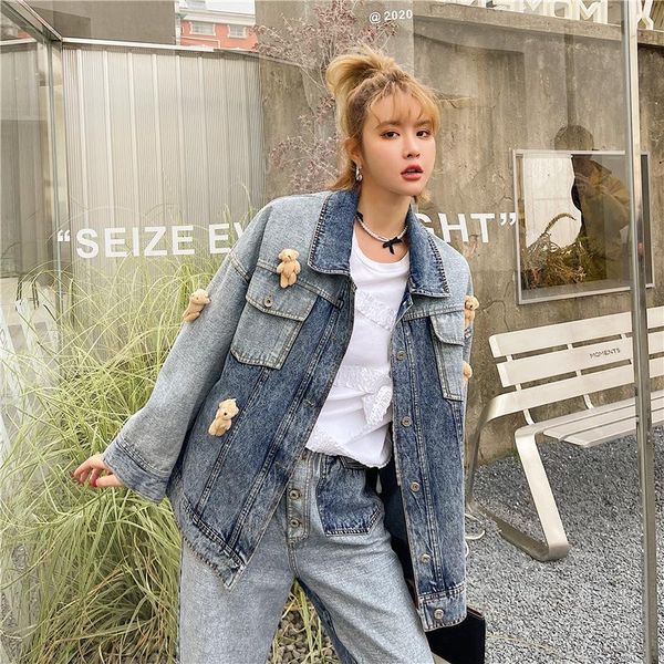 women's jackets 2021 spring bear doll denim coat loose casual street style old jacket female, Black;brown
women's jackets 2021 spring bear doll denim coat loose casual street style old jacket female, Black;brown
