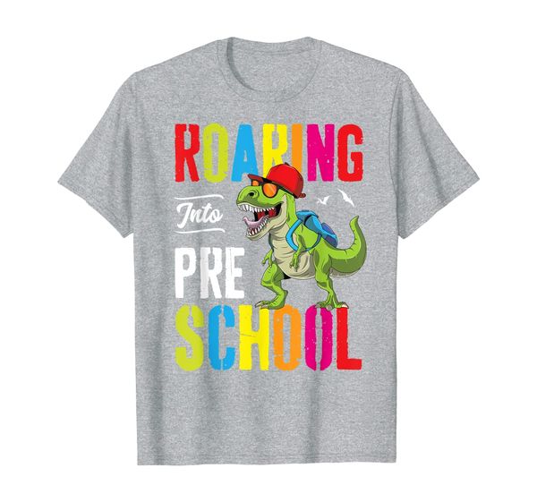 roaring into preschool dinosaur teacher pre k back to school t-shirt, White;black