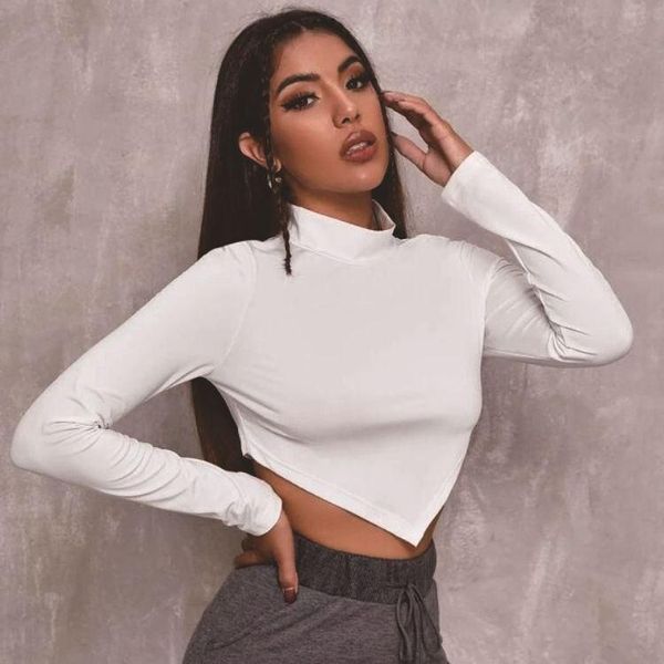 women's t-shirt autumn women clothes casual long-sleeved fashion solid color high collar irregular exposed navel top, White
women's t-shirt autumn women clothes casual long-sleeved fashion solid color high collar irregular exposed navel top, White