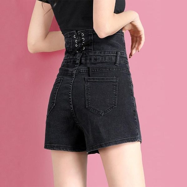 women's shorts multi-button black denim summer women back lace up design high waist pants white a-line loose straight jeans, White;black
women's shorts multi-button black denim summer women back lace up design high waist pants white a-line loose straight jeans, White;black