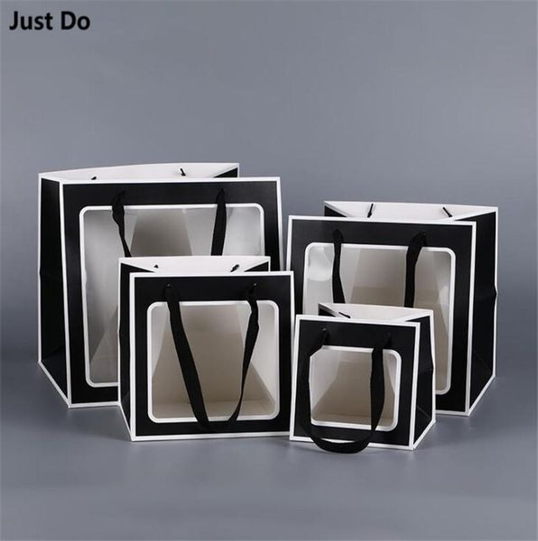 gift wrap 15*15*15cm wide bottom black paper bag with clear pvc window white handle for flower packaging
gift wrap 15*15*15cm wide bottom black paper bag with clear pvc window white handle for flower packaging