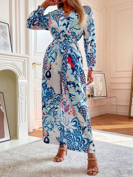 floral print belted wide leg jumpsuit i70c#, White