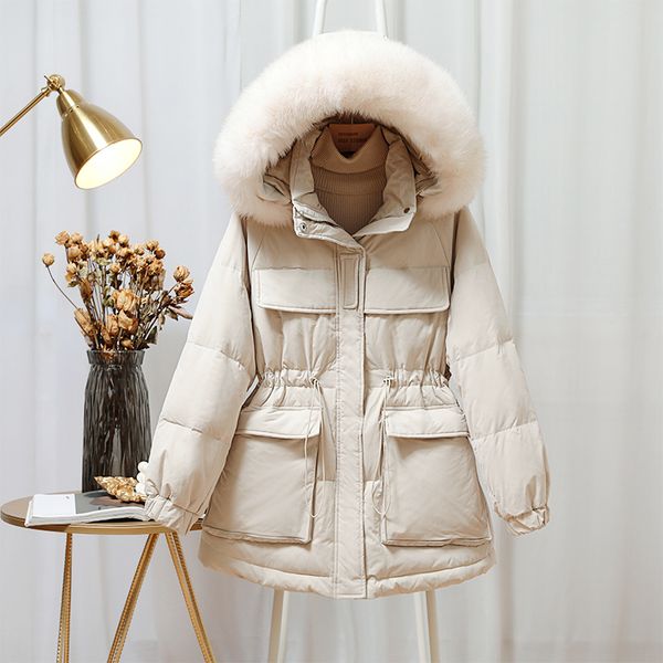 90% white duck down jacket winter korean medium long down coat natural fox fur hooded puffer parkas female snow outwear, Black
90% white duck down jacket winter korean medium long down coat natural fox fur hooded puffer parkas female snow outwear, Black