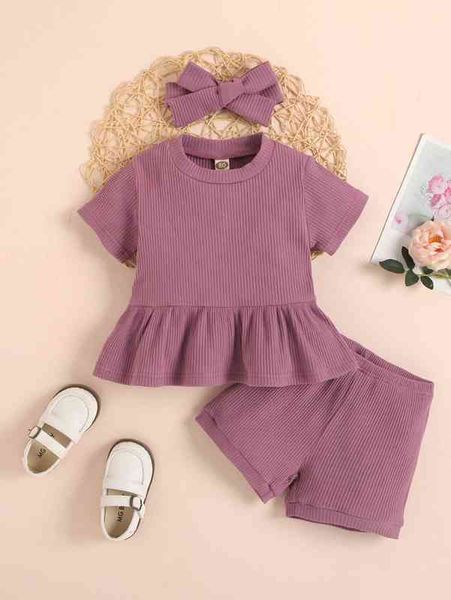 baby ribbed ruffle hem tee & track shorts & headband she, Blue 
baby ribbed ruffle hem tee & track shorts & headband she, Blue