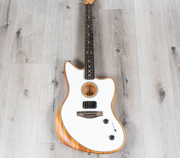 rare acoustasonic jazzmaster arctic white electric guitar polyester satin matte finish, mahogany body, chrome hardware, vintage tuners
rare acoustasonic jazzmaster arctic white electric guitar polyester satin matte finish, mahogany body, chrome hardware, vintage tuners