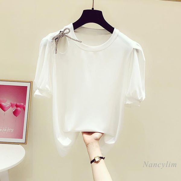 women's t-shirt rhinestone bow off shoulder tshirt women 2021 summer clothing korean style puff sleeves round neck casual all-matching, White
women's t-shirt rhinestone bow off shoulder tshirt women 2021 summer clothing korean style puff sleeves round neck casual all-matching, White