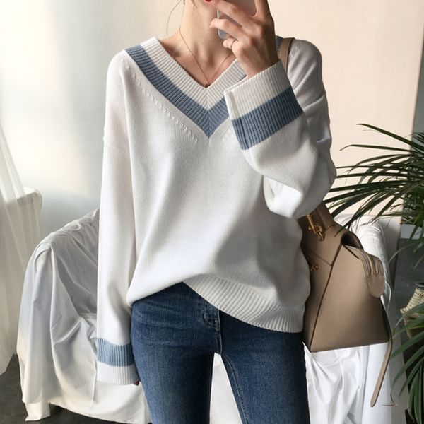 2colors korean style loose v neck stripe knitted warm sweaters women women sweaters and pullovers (n0048, White;black
2colors korean style loose v neck stripe knitted warm sweaters women women sweaters and pullovers (n0048, White;black