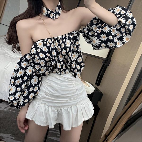 women's blouses & shirts print daisy shirt summer slash neck women short puff sleeve off-shoulder fashion blouse female, White
women's blouses & shirts print daisy shirt summer slash neck women short puff sleeve off-shoulder fashion blouse female, White