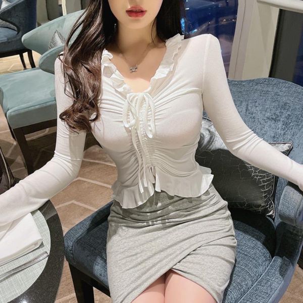temperament personality ear edge v-neck solid color long sleeve t-shirt spring fashion slim drawstring pleated women's, White
temperament personality ear edge v-neck solid color long sleeve t-shirt spring fashion slim drawstring pleated women's, White
