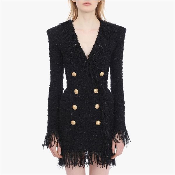 high street stylish designer dress women's v-neck double breasted lion buttons fringed tassel tweed 210521, Black;gray
high street stylish designer dress women's v-neck double breasted lion buttons fringed tassel tweed 210521, Black;gray