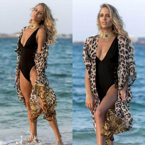 women casual leopard print cover-up bikini beach dress long sunscreen blouse women's swimwear, White;black
women casual leopard print cover-up bikini beach dress long sunscreen blouse women's swimwear, White;black
