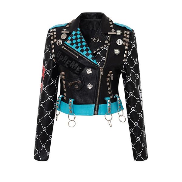 women's leather & faux pu women graffiti print rivet jacket casual punk short chain winter slim windbreak motorcycle coat outwear, Black
women's leather & faux pu women graffiti print rivet jacket casual punk short chain winter slim windbreak motorcycle coat outwear, Black