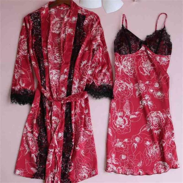 women's sleepwear spring satin 2pcs robe set nightgown printed flower kimono bathrobe gown lace sleep casual nightwear 6sz5, Black;red
women's sleepwear spring satin 2pcs robe set nightgown printed flower kimono bathrobe gown lace sleep casual nightwear 6sz5, Black;red