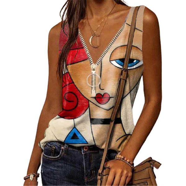 women's tanks & camis 3d cartoon face women tank casual v-neck zipper loose plus size summer beach vest female 2021 streetwear 5xl, White 
women's tanks & camis 3d cartoon face women tank casual v-neck zipper loose plus size summer beach vest female 2021 streetwear 5xl, White