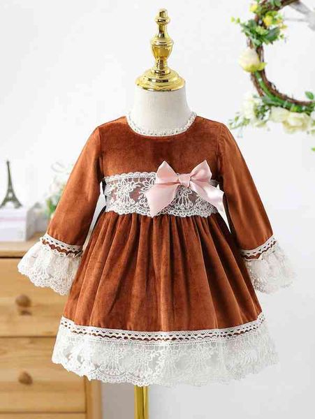 baby contrast embroidery mesh bow front velvet dress she, Red;yellow 
baby contrast embroidery mesh bow front velvet dress she, Red;yellow