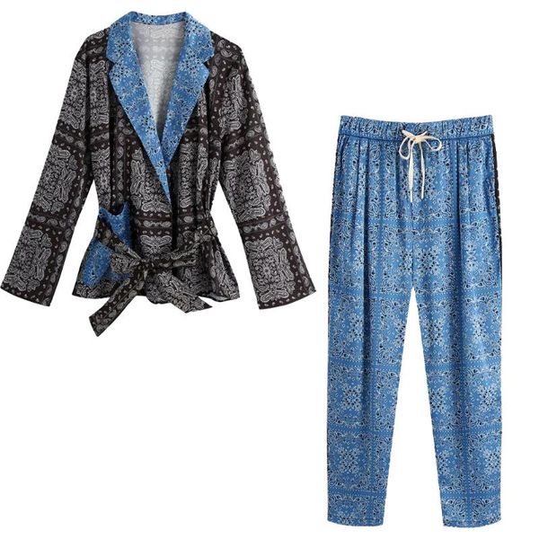 women two piece set crossover printed tied belt blouse & pants high-waist elastic waistband trousers women's, White
women two piece set crossover printed tied belt blouse & pants high-waist elastic waistband trousers women's, White