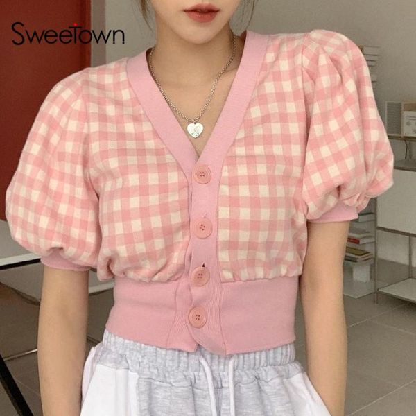 women's knits & tees sweetown pink plaid cute kawaii sweaters short sleeve v neck casual jumpers women y2k aesthetic korean fashion kni, White
women's knits & tees sweetown pink plaid cute kawaii sweaters short sleeve v neck casual jumpers women y2k aesthetic korean fashion kni, White