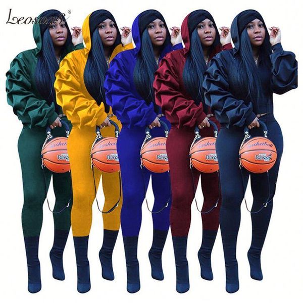women's tracksuits onsale solid color hooded puff sleeve zipper women winter two piece set clothing, Gray
women's tracksuits onsale solid color hooded puff sleeve zipper women winter two piece set clothing, Gray