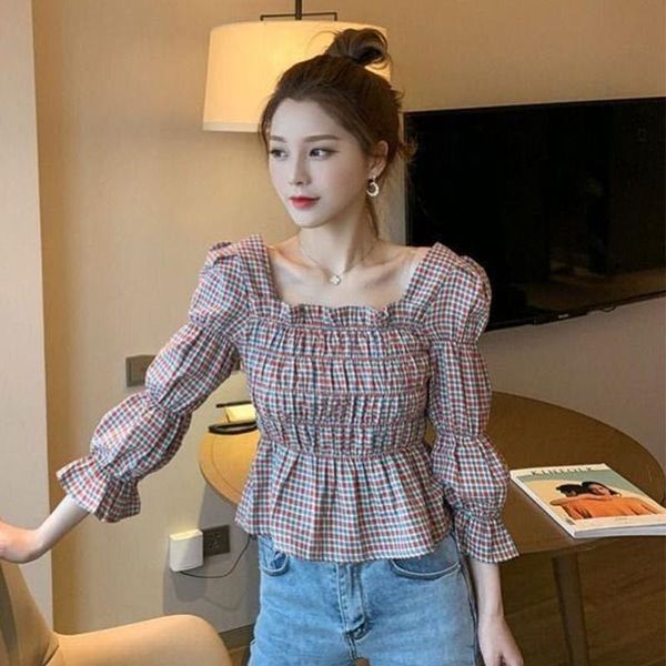 women's blouses & shirts retro trumpet sleeve plaid print shirt women party collar long stitching ruffled pleated hong kong flavor fema, White
women's blouses & shirts retro trumpet sleeve plaid print shirt women party collar long stitching ruffled pleated hong kong flavor fema, White