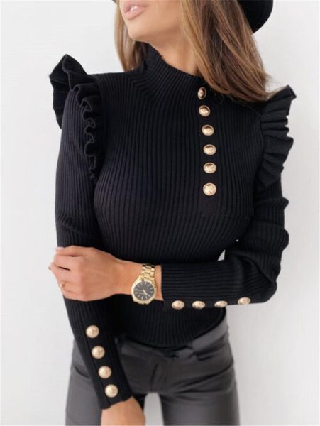 women's t-shirt hirigin women turtleneck pullovers solid ruffles sleeve buttons slim rib knitted basic t shirt fall elastic, White
women's t-shirt hirigin women turtleneck pullovers solid ruffles sleeve buttons slim rib knitted basic t shirt fall elastic, White