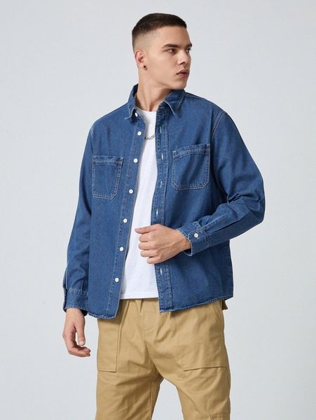 men pocket detail button up denim jacket r67j#, Blue