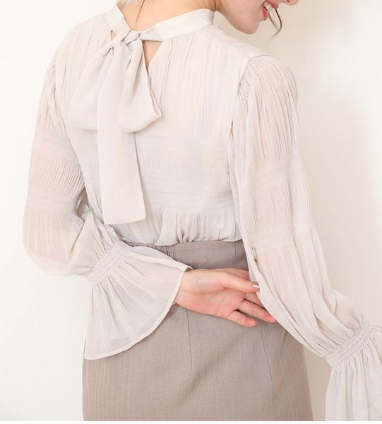 women stylish long sleeve micro-transparent cascade shirt features back bow ties women's blouses & shirts, White
women stylish long sleeve micro-transparent cascade shirt features back bow ties women's blouses & shirts, White
