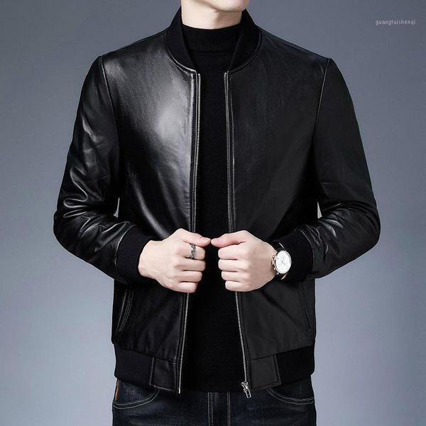 and winter wear leather coat men's sheep jacket high grade stand collar middle-aged young & faux, Black
and winter wear leather coat men's sheep jacket high grade stand collar middle-aged young & faux, Black