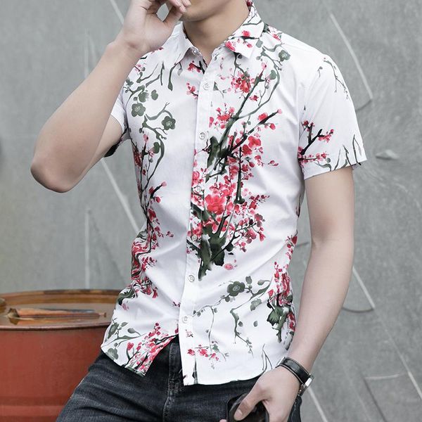 summer men's shirt large size satin flower short-sleeved casual printed plum shirts, White;black
summer men's shirt large size satin flower short-sleeved casual printed plum shirts, White;black