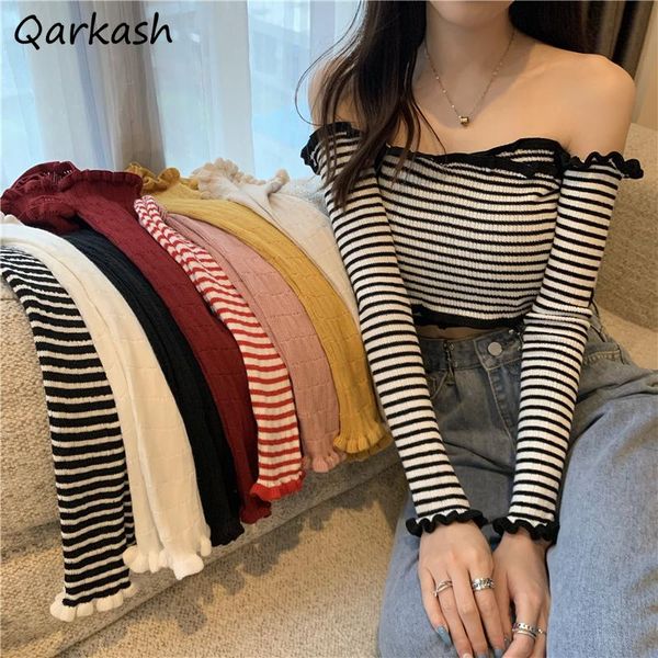 women's sweaters pullovers women slash neck korean ins simple ruffles soft cropped striped ladies candy colors knitwear classy daily, White;black
women's sweaters pullovers women slash neck korean ins simple ruffles soft cropped striped ladies candy colors knitwear classy daily, White;black