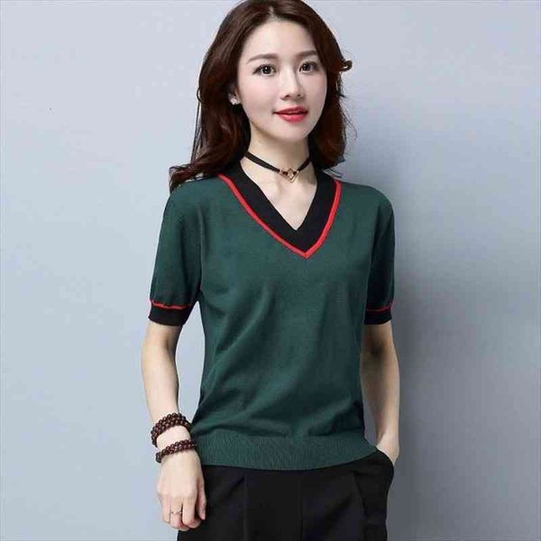 large size stripe knitted short sleeve v-neck women for summer breathable contrast color knitwear high elasticity female, White;black
large size stripe knitted short sleeve v-neck women for summer breathable contrast color knitwear high elasticity female, White;black