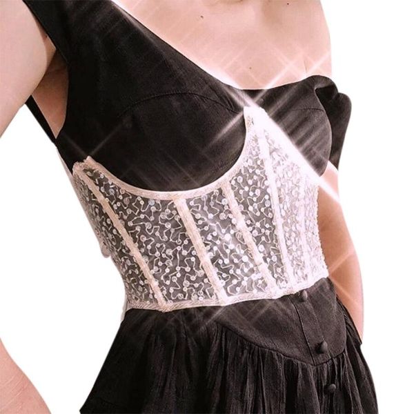 belts women sheer lace mesh corset underbust bustiers glitter sequins solid color tie bandage wide waist belt shaper cincher, Black;brown
belts women sheer lace mesh corset underbust bustiers glitter sequins solid color tie bandage wide waist belt shaper cincher, Black;brown